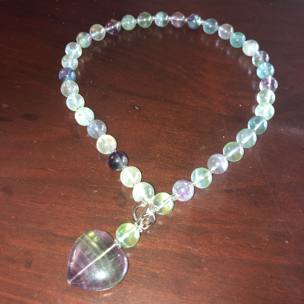 Rainbow Fluorite Purple/Green Heart Bead Necklace - Picture 2 of 5